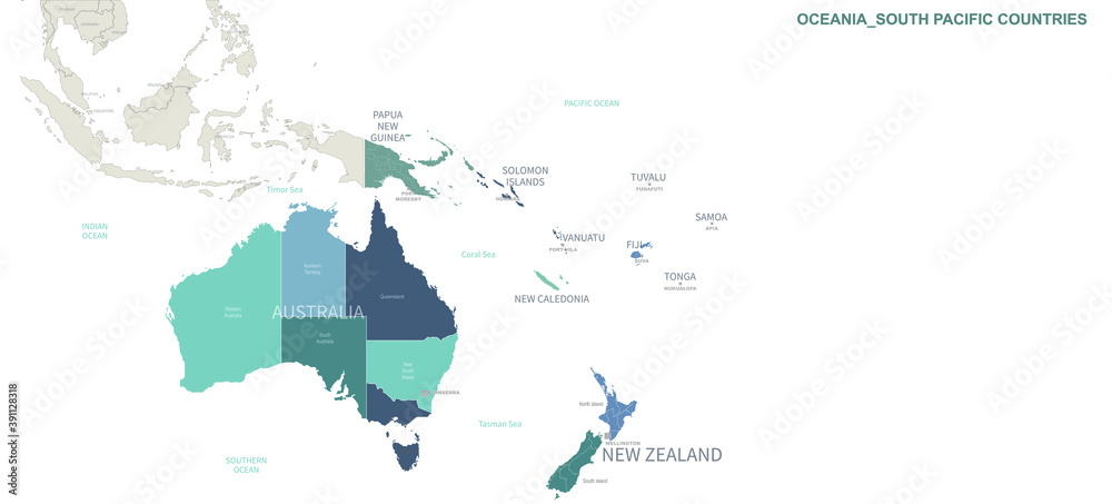 Oceania Countries map. Detailed world Map Vector with Country,Capital,City Names.