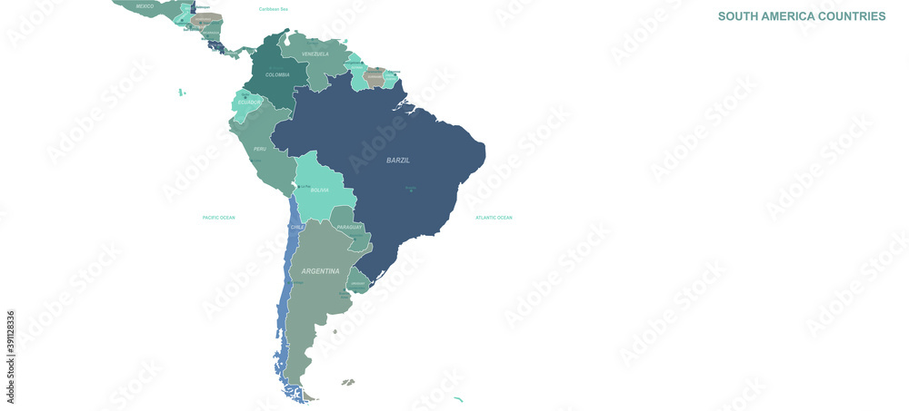 South American, Latin American Countries map. Detailed world Map Vector with Country,Capital,City Names.