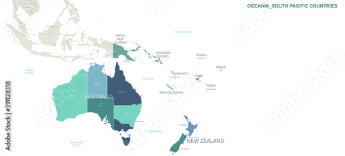 Oceania Countries map. Detailed world Map Vector with Country,Capital,City Names.