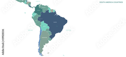 Fototapeta Naklejka Na Ścianę i Meble -  South American, Latin American Countries map. Detailed world Map Vector with Country,Capital,City Names.