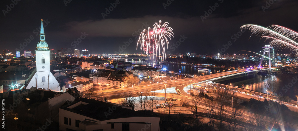 New Year Celebration. Fireworks on Danube River in Bratislava, Slovakia.