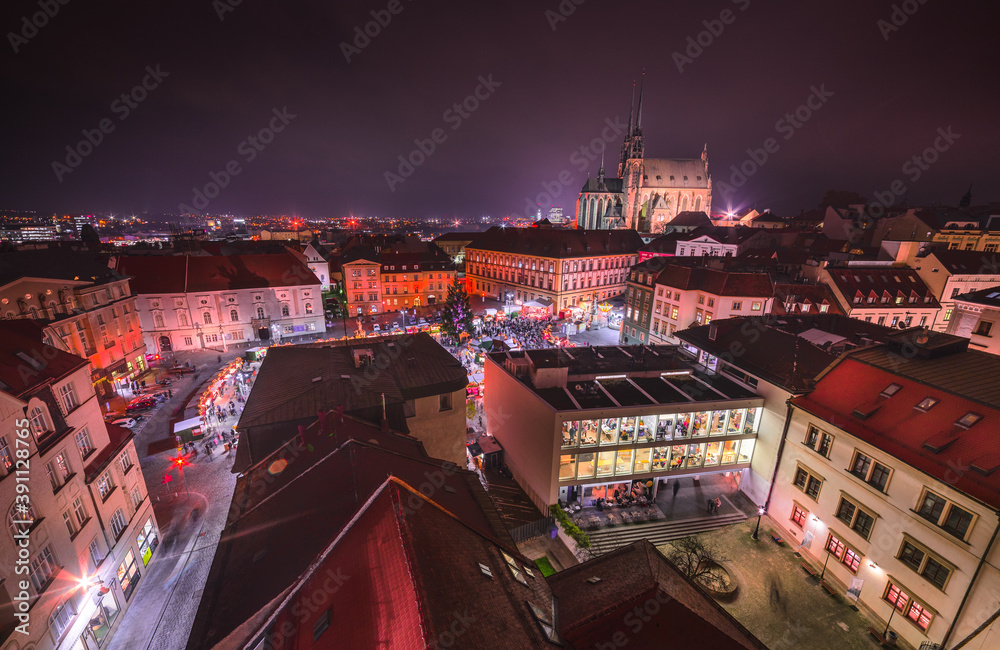 Old Town with Christmas Market and Cathedral of St. Peter and Paul in Brno, Czech Republic as Seen from City Hall Tower at Night