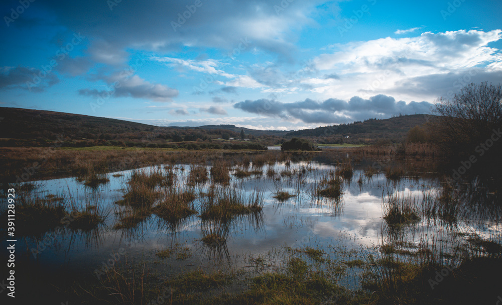 Flooded Lough Allua lake at sunset. southwest ireland. A lake lying on the river Lee which flows into Cork.	