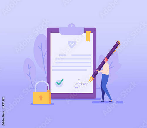 Man signing contract. Concept of terms and conditions, privacy policy, user agreement, electronic signature, remote transaction, protection of personal data. Vector illustration in flat design