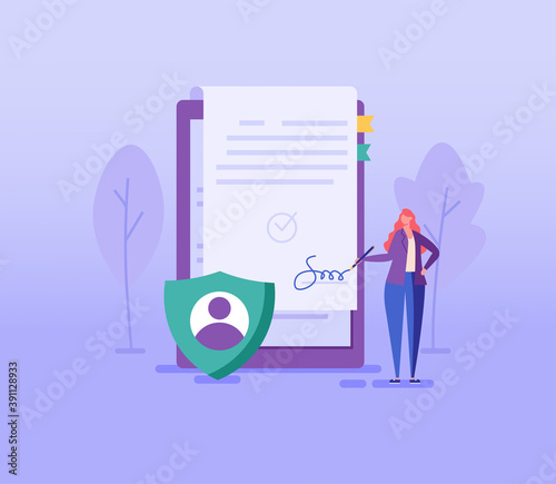 Woman signing user agreement. Concept of terms and conditions, privacy policy, remote transaction, protection of personal data, account security. Vector illustration in flat design