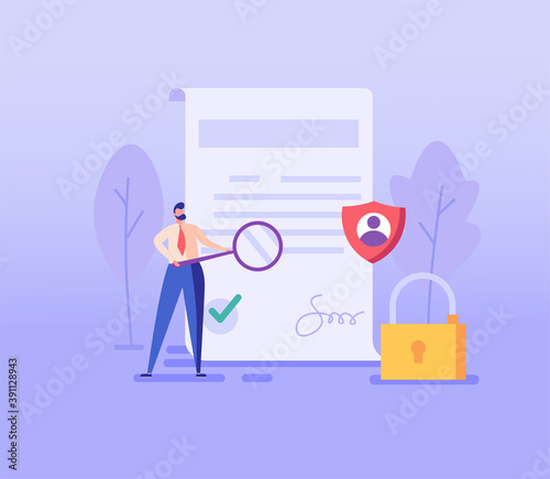 Man inspecting document. Concept of terms and conditions, search for errors, bugs privacy policy, protection of personal data, account security. Vector illustration in flat design