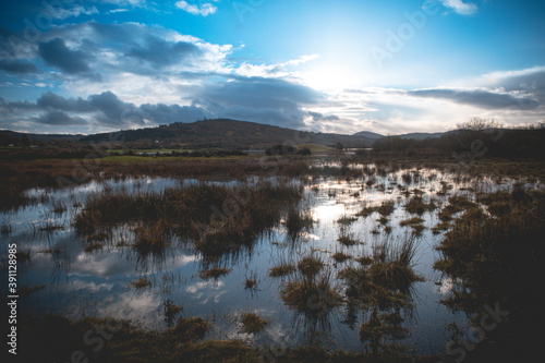 Flooded Lough Allua lake at sunset. southwest ireland. A lake lying on the river Lee which flows into Cork. 