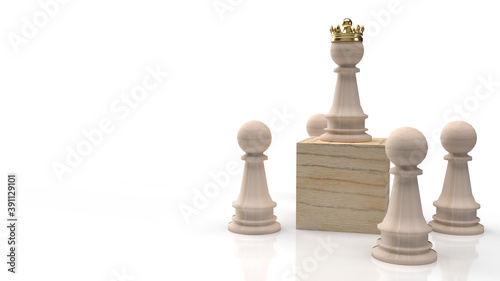 The wood chess and gold crown on wood cube for business content 3d rendering.