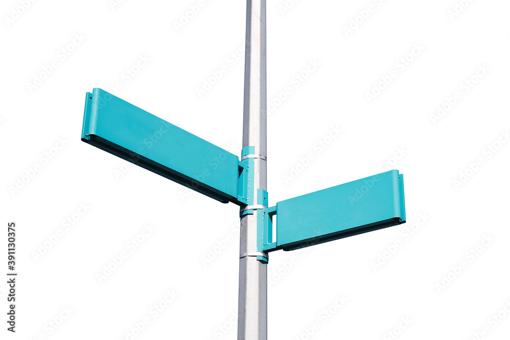Fototapeta premium Street name pole. Signpost isolated on white. Empty copy space. Blank information place. Tourist guide arrow.