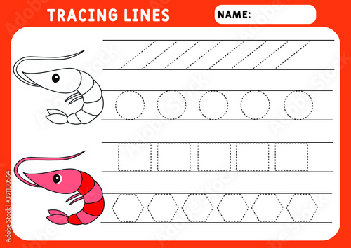 Trace line worksheet for kids. Basic writing. Working pages for children. Funny little shrimp. Preschool or kindergarten worksheet. Trace the pattern. Illustration and vector outline - A4 paper