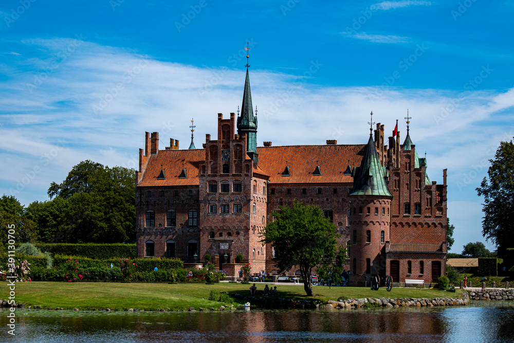 Egeskov castle panorama, Denmark, in sunny summer