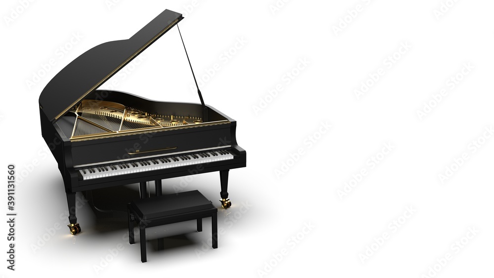 Black-Gold Grand Piano under white background. 3D illustration. 3D high quality rendering. 3D CG. Black-Gold Grand Piano under white background. 3D illustration. 3D high quality rendering. 3D CG.