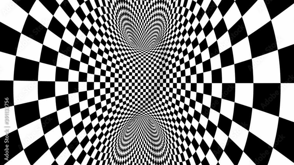 4k Seamless loop. Chess illusion geometric kaleidoscope. Wormhole room. Black and white optical illusion tunnel. Checkerboard moving.