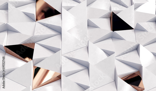 Abstract triangular luxury background with white and golden triangles. Geometric 3d rendering