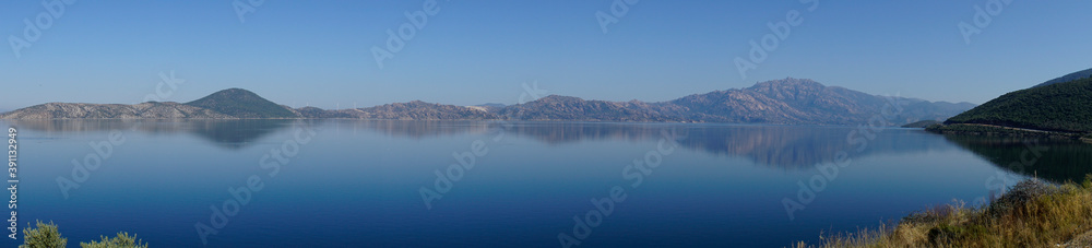 Mountains and lake panoramic view on a beautiful sunny day,