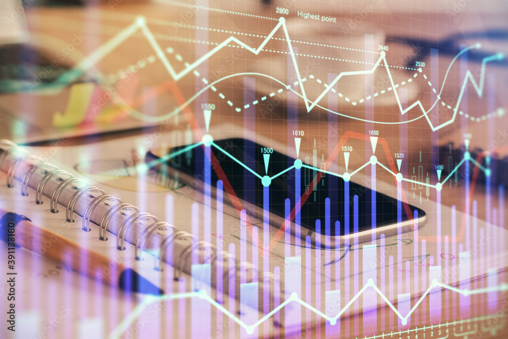 Double exposure of forex chart drawing and cell phone background. Concept of financial data analysis Double exposure of forex chart drawing and cell phone background. Concept of financial data analysis