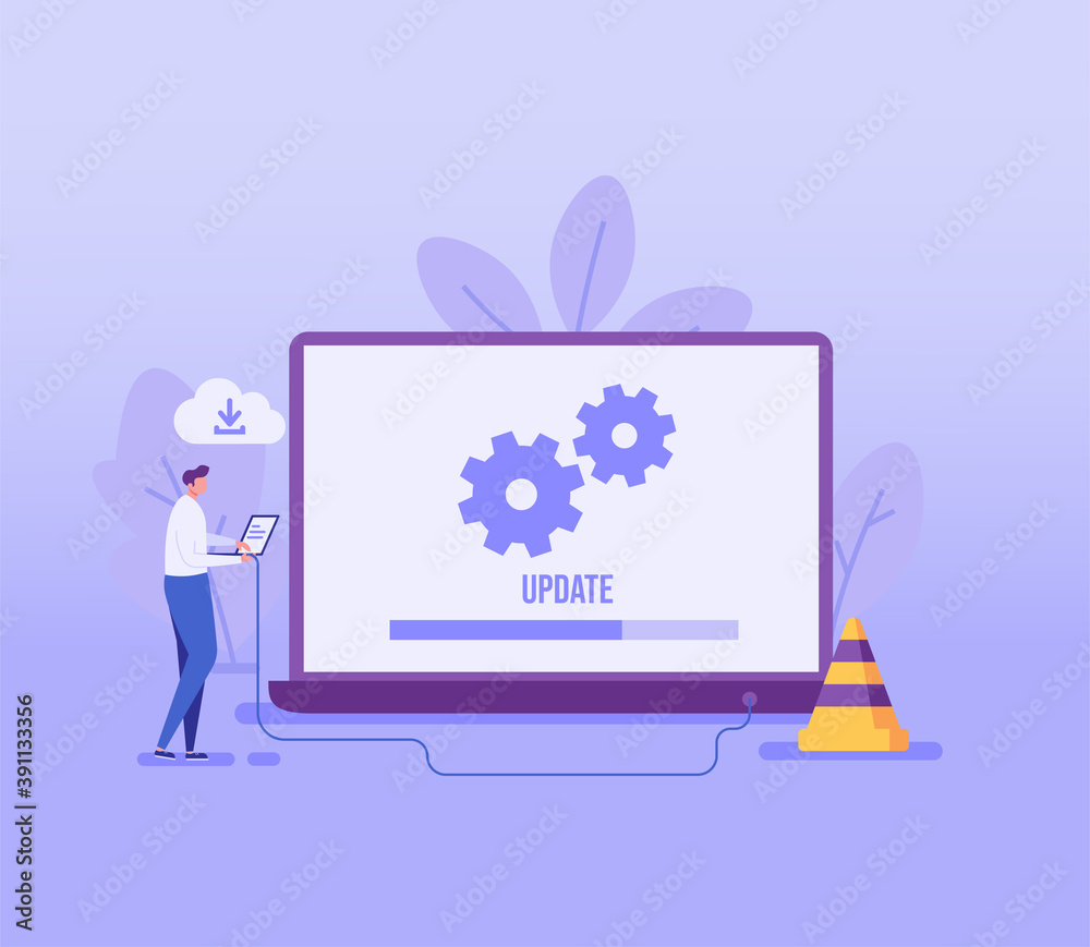 User updating operation system with progress bar. Software upgrade and installation program. Concept of system update, integration, software installation. Vector illustration for UI, mobile app User updating operation system with progress bar. Software upgrade and installation program. Concept of system update, integration, software installation. Vector illustration for UI, mobile app