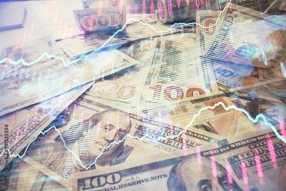 Multi exposure of forex chart drawing over us dollars bill background. Concept of financial success markets. Multi exposure of forex chart drawing over us dollars bill background. Concept of financial success markets.