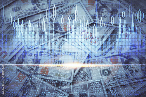 Double exposure of forex graph drawing over us dollars bill background. Concept of financial markets. © peshkova