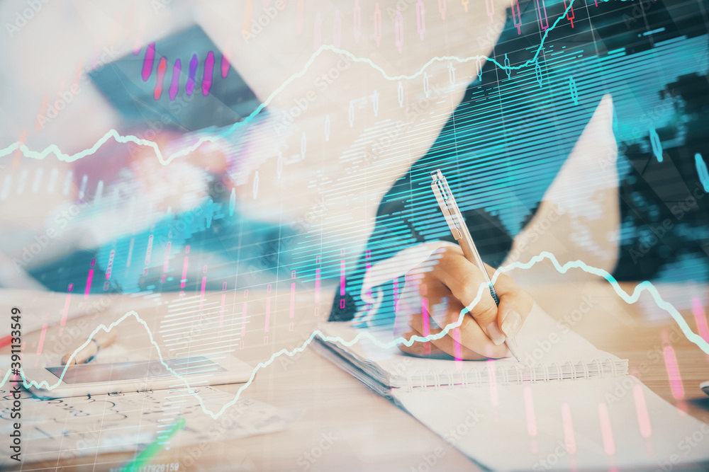 Double exposure of forex chart drawing over people taking notes background. Concept of financial analysis