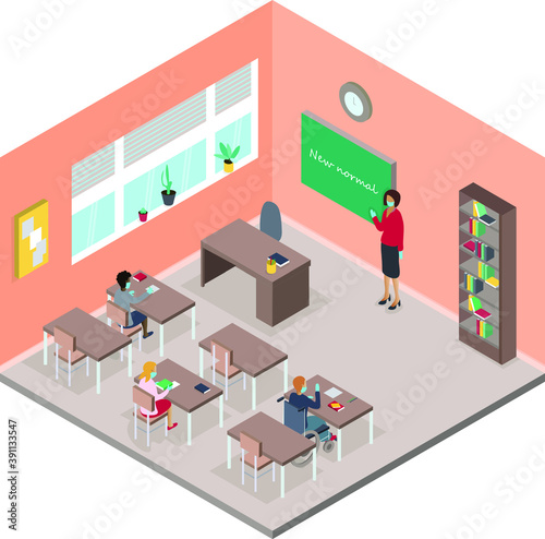 Back to school for new normal lifestyle.Social distancing in class room . Prevention tips infographic of coronavirus 2019. Boy and girl wearing mask sitting on the desk. Isometric 3d illustration.