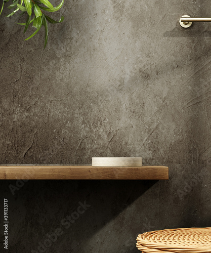 Pedestal for natural cosmetic product presentation. Stone and wood cylinders with plant leaves. 3d illustration.