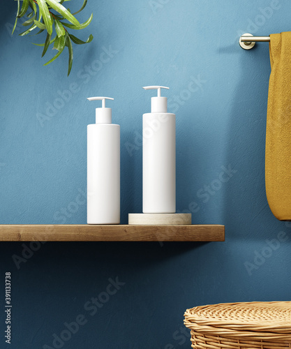 Cosmetic product display bathroom interior background. 3d illustration