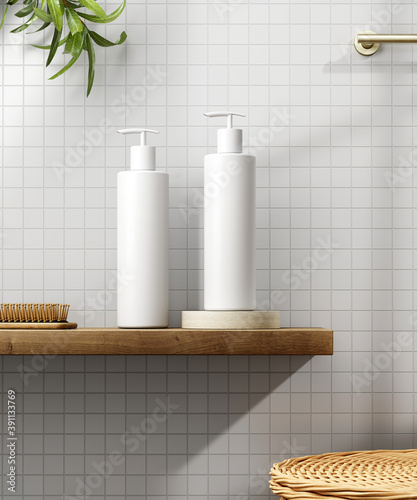 Cosmetic product display bathroom interior background. 3d illustration