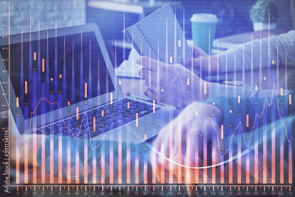 Double exposure of man and woman working together and forex chart hologram. Business concept. Computer background. Double exposure of man and woman working together and forex chart hologram. Business concept. Computer background.