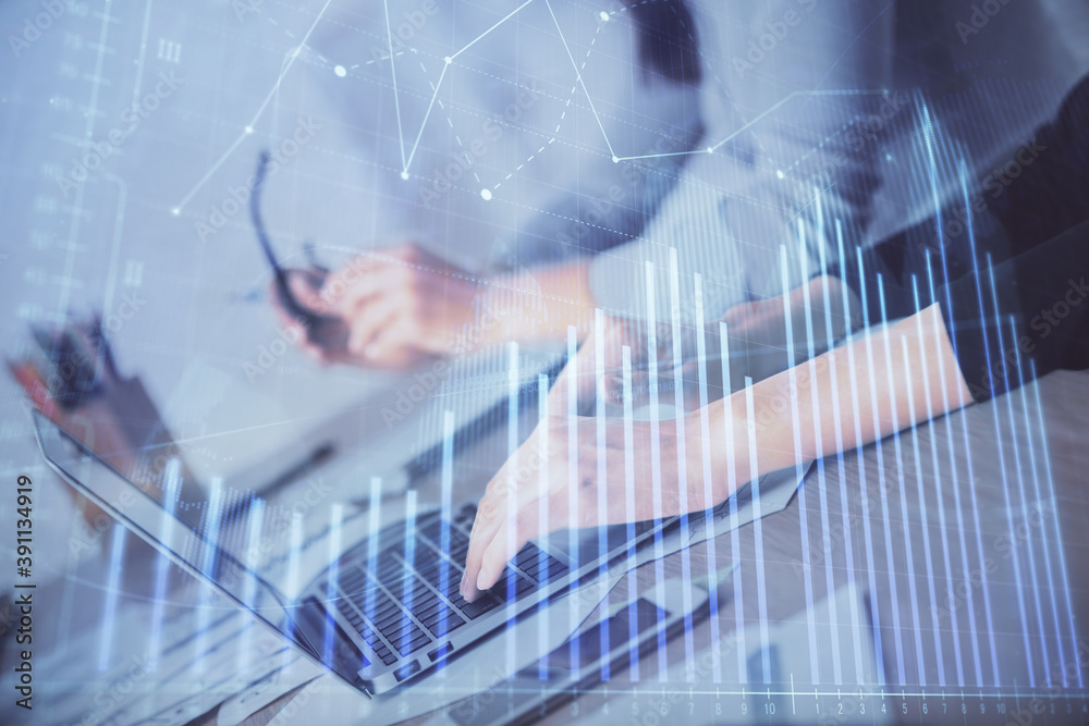 Multi exposure of woman hands typing on computer and financial chart hologram drawing. Stock market analysis concept. Multi exposure of woman hands typing on computer and financial chart hologram drawing. Stock market analysis concept.