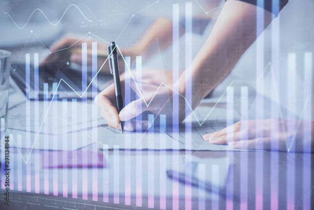 Multi exposure of woman hands typing on computer and financial chart hologram drawing. Stock market analysis concept. Multi exposure of woman hands typing on computer and financial chart hologram drawing. Stock market analysis concept.