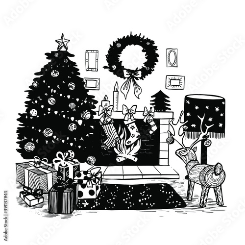 Living room with Christmas tree and Fireplace on Christmas Eve. Christmas gifts under the tree. The Sketch is made in a retro style by hand. Vector Illustration black on white background. photo