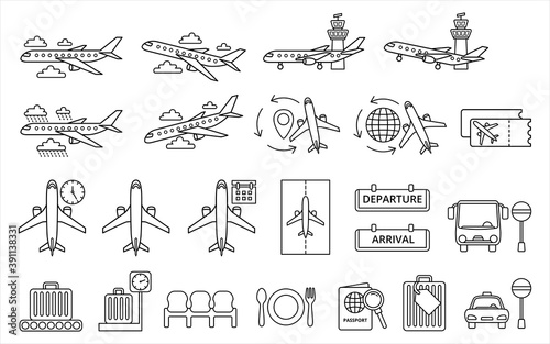 Simple Set of airport and airplane Related Vector icon lineal style icon design. Contains such illustration as landing, takeoff, climbing, command center tower, ticketing, schedule, time, passport