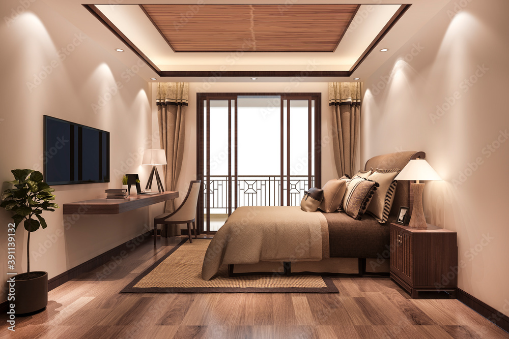 Fototapeta premium 3d rendering beautiful minimal luxury asian bedroom suite in hotel with tv