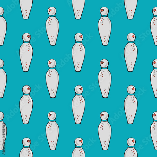 White bowling pins , seamless pattern on a light blue background.