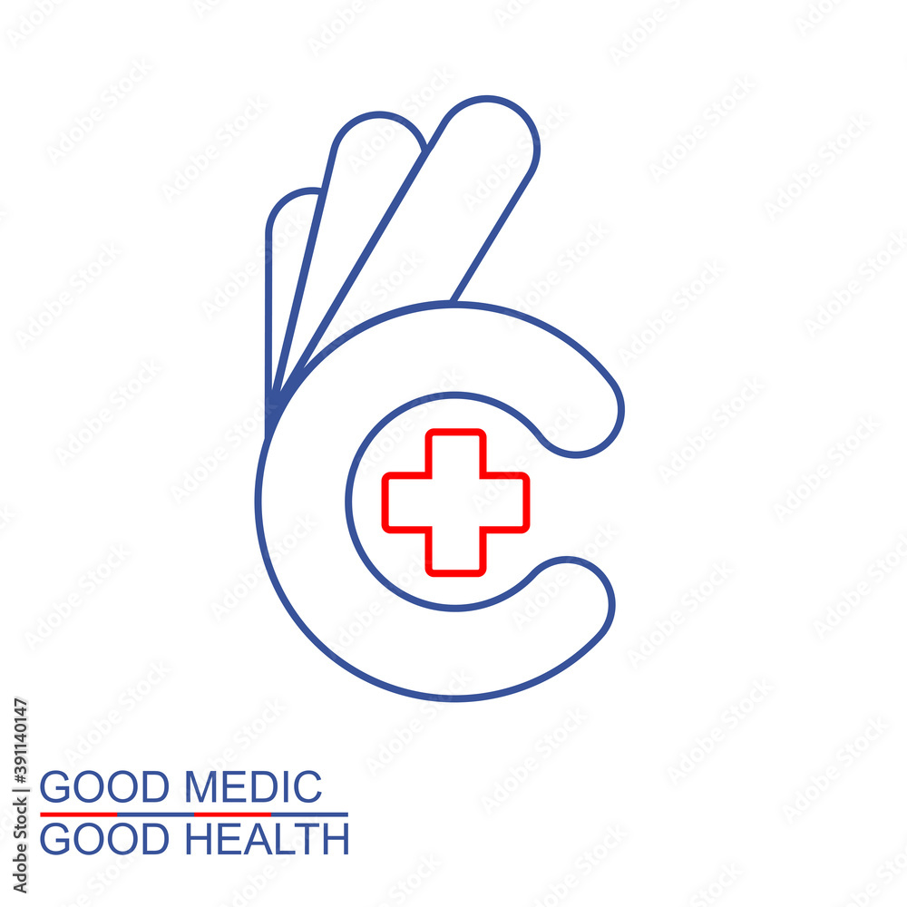Modern Good Health Medic Logo Template Design. Ok hand symbol with cross. Okey symbol, vector Modern Good Health Medic Logo Template Design. Ok hand symbol with cross. Okey symbol, vector