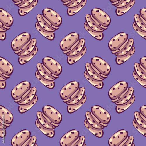 Chocolate chip cookies , seamless pattern on a purple background.