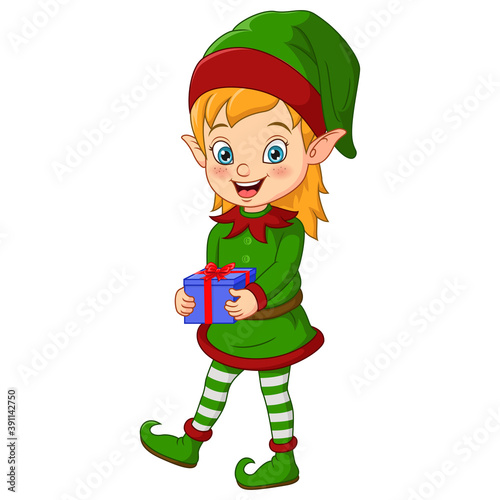 Cartoon Christmas elf holding a gift