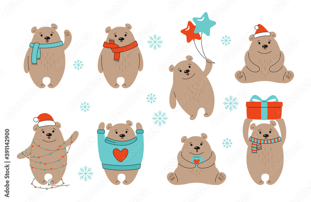 Fototapeta premium Christmas brown bear cartoon set. Hand drawn grizzly, cute vector bears with red hat, gift, balls or garland. New Year animal mammals in different poses. Funny celebrate doodle animals winter