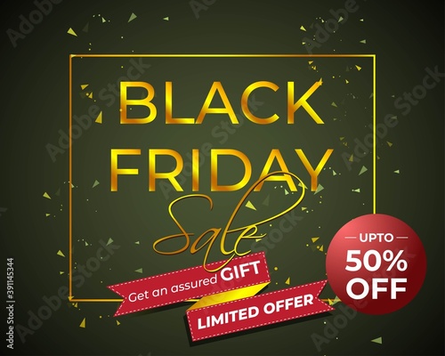 Vector illustration of Black Friday Sale banner, upto 50% off, shop now, offer template for website and UI.