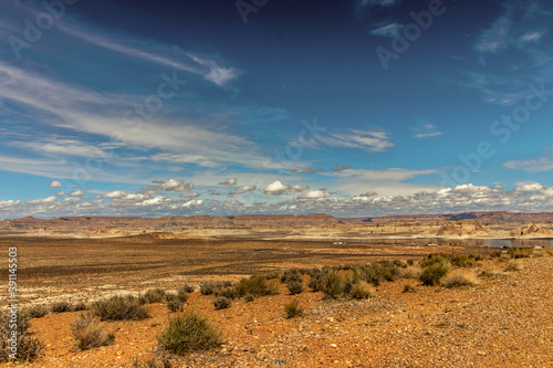 Desert vegetation, Colorado river, clouds, hills make magnificent scenery, Wahweap lookout, Page, AZ