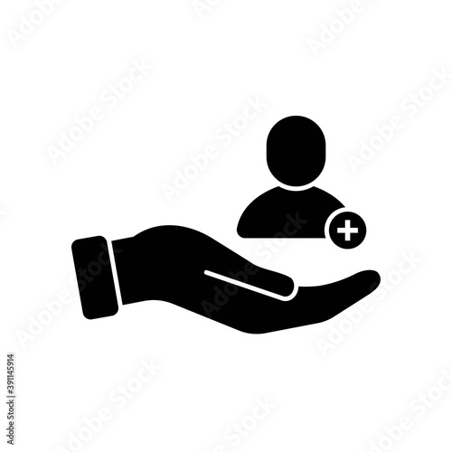 Vector Patient in hand icon, customer in hand with add new symbol on isolated white background for UI/UX and website.