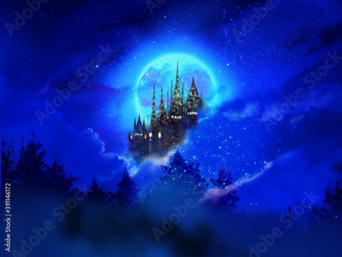 Silhouette of European beautiful castle and blue full moon and northern forests in starry night © NORIMA