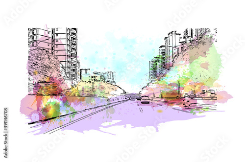 Building view with landmark of Chongqing is a sprawling municipality in southwestern China. Watercolor splash with hand drawn sketch illustration in vector.