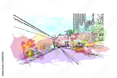 Building view with landmark of Chongqing is a sprawling municipality in southwestern China. Watercolor splash with hand drawn sketch illustration in vector.