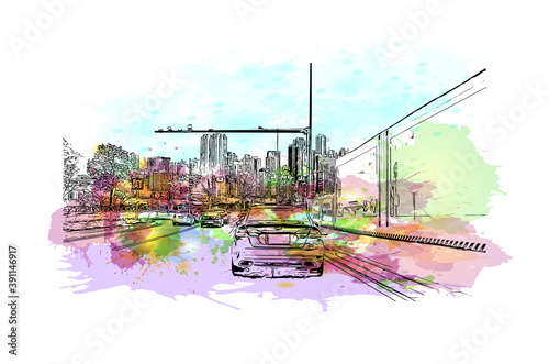 Building view with landmark of Chongqing is a sprawling municipality in southwestern China. Watercolor splash with hand drawn sketch illustration in vector.