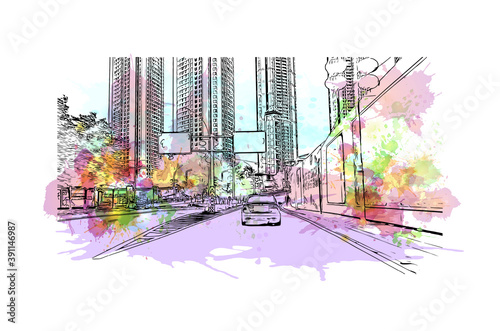 Building view with landmark of Chongqing is a sprawling municipality in southwestern China. Watercolor splash with hand drawn sketch illustration in vector.