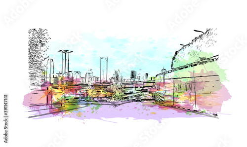 Building view with landmark of Chongqing is a sprawling municipality in southwestern China. Watercolor splash with hand drawn sketch illustration in vector.