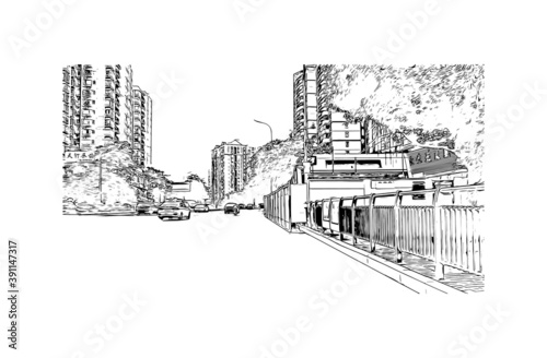 Building view with landmark of Chongqing is a sprawling municipality in southwestern China. Hand drawn sketch illustration in vector.