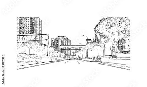 Building view with landmark of Chongqing is a sprawling municipality in southwestern China. Hand drawn sketch illustration in vector.